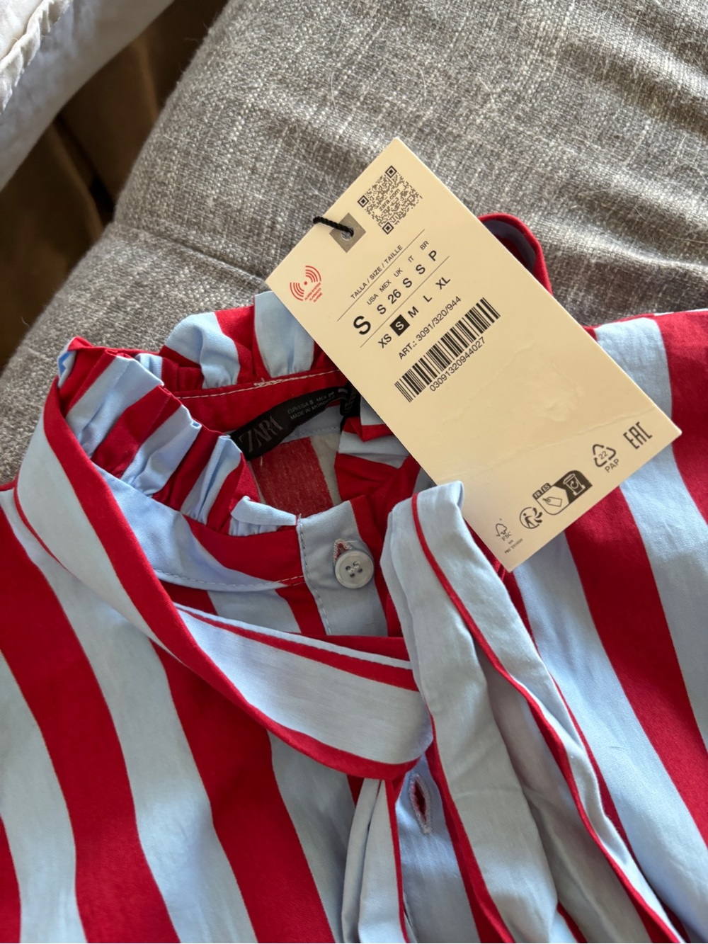 ZARA Red and Light Blue Vertical Stripe Button-Down Shirt